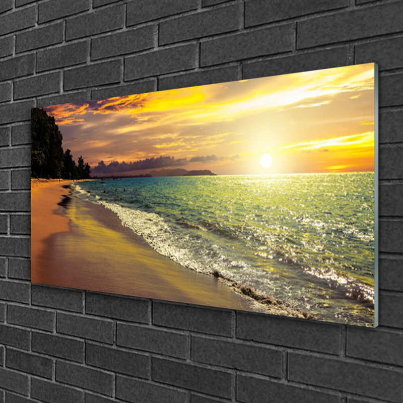 Glass Print Wall Art 100X50cm Image Printed On Glass Decorative Wall Picture Behind Toughened / Tempered Safety Real Glass For Kitchen & Living Room Theme: Sun Beach Sea Tree Landscape