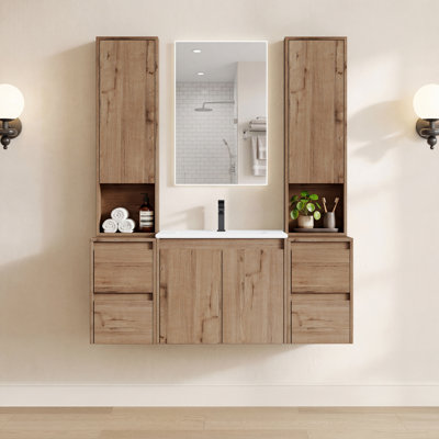 Meuble-lavabo flottant simple 48 po avec armoire supérieure, lavabo en céramique et conception sans poignée