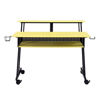 Yellow And Black Computer Desk For Music Recording , Keyboard Tray Included, Caster Wheels, 43" Flat Monitor Support, Open Storage Shelf, Wooden Top Tray, Metal Structure, 61 - Key Ideal In Shades,