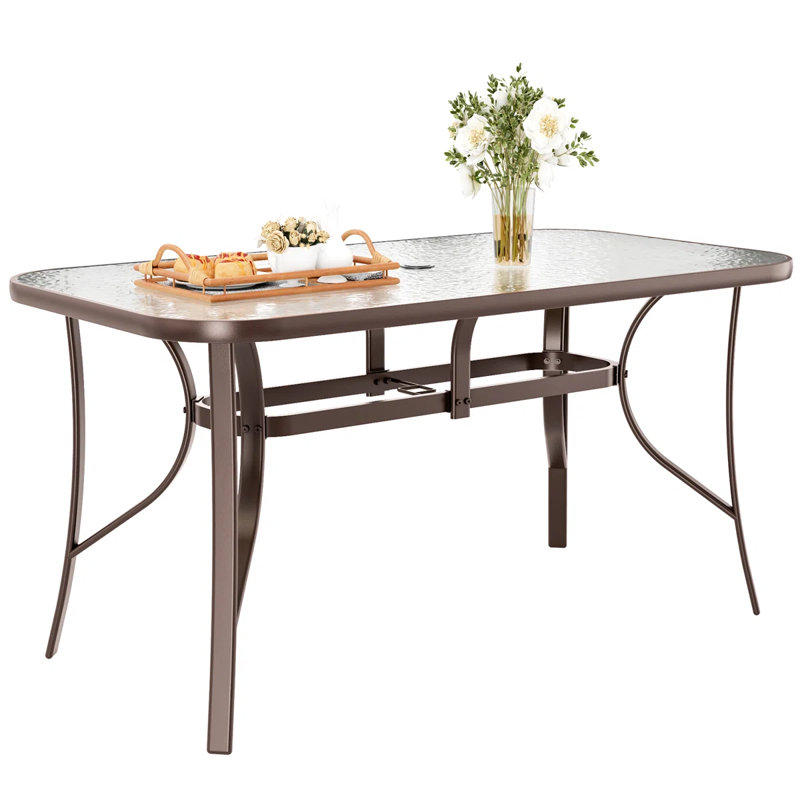 Patio Dining Set For 6, Outdoor Table And Chairs With 1.69'' Umbrella Hole, All Weather Patio Furniture Set, 30"X 55" Table And Stackable Pvc-Coated Polyester Chair, For Lawn, Deck (Umbrella Not Included)(Brown Table & Sky Blue Chairs )