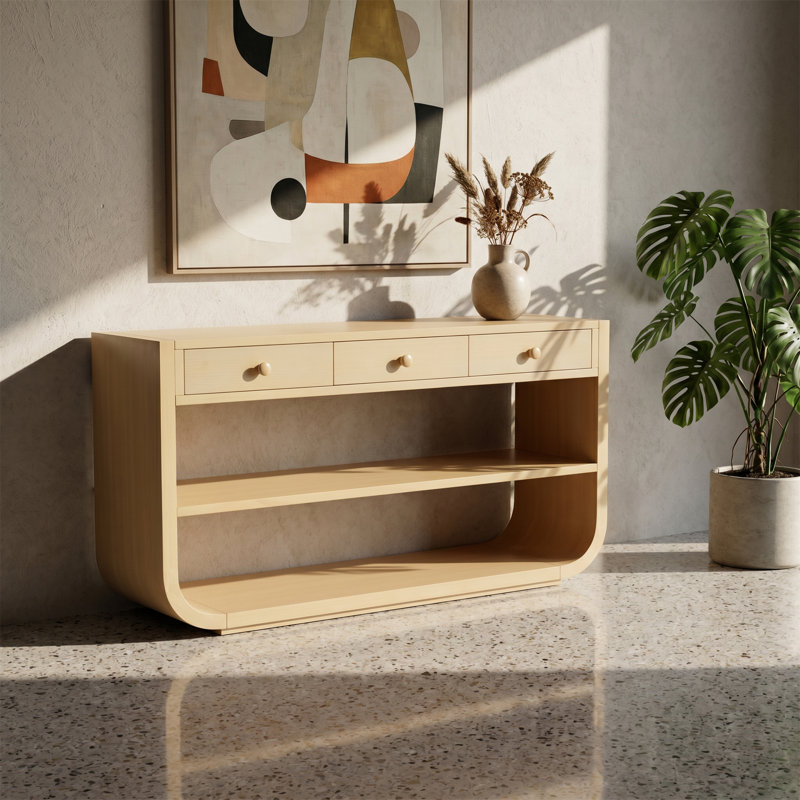 Console rectangulaire, avec des pieds courbés et une finition laquée, avec 3 tiroirs à fermeture en douceur et 2 tablettes ouvertes, style Mid-Century moderne, finition en bois naturel