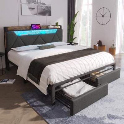 Upholstered Bed With 1 Draewr, Led And Usb Linen Grey