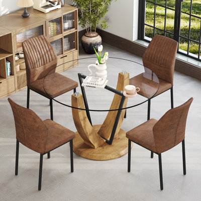 48" Round Dining Table Set for 4, Modern Dining Room Table with 4 Upholstered Chairs, Kitchen Table Set for Apartment