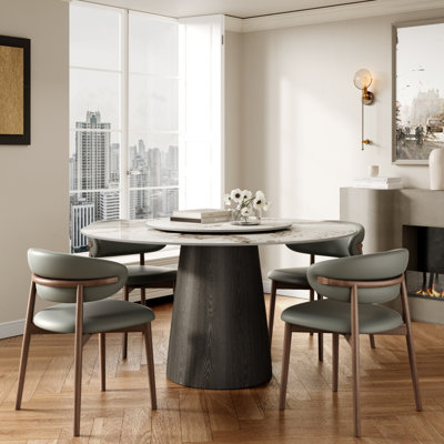 5 - Piece Modern Round Dining Pedestal Sintered Stone Table Set With Silent Rotating Lazysuan and Soft-Cushioned PU Upholstered Chairs