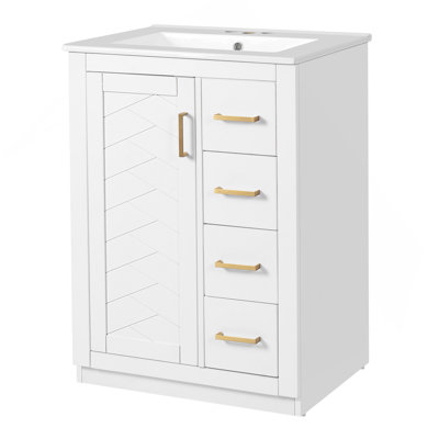 Meuble-lavabo 24 po avec lavabo intégré en céramique, meuble-lavabo simple avec 1 porte et 3 tiroirs pour salle de bain petite et moyenne, blanc