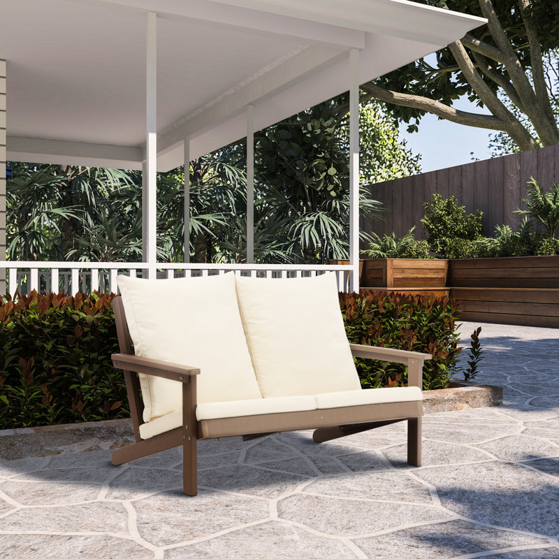 Conversation de patio à 2 places pour terrasse et jardin, de couleur extérieure, faite de bois et de plastique, chaises avec matériau de finition des hanches, finition rouille à l'année, coussins moelleux, cour arrière