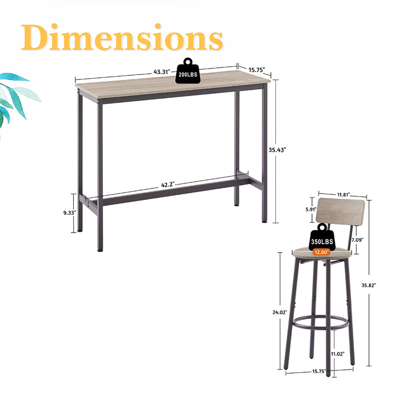 3-Piece Dining Table Set, Bar Table Chairs Set, PU Leather Stools Cushion, Backrest