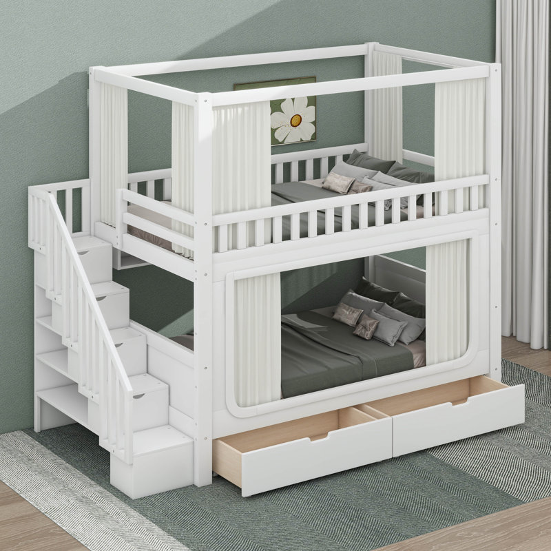 Lit superposé double au-dessus de double avec rideaux d'intimité, lumières DEL sous le lit, escalier de rangement