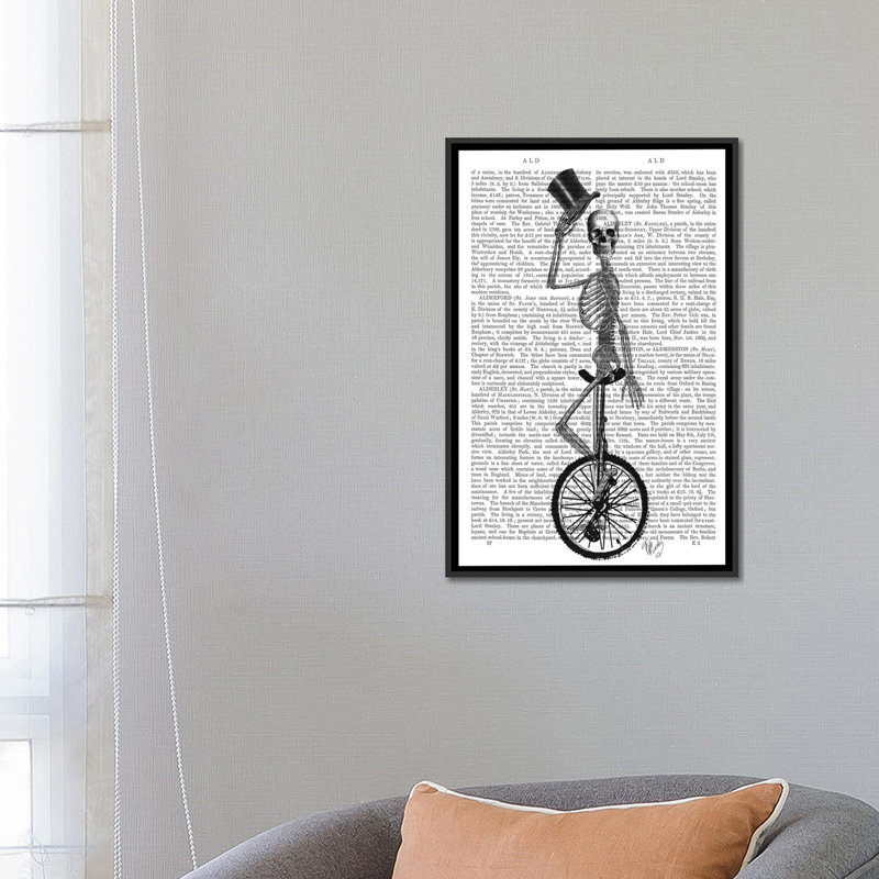 « squelette on unicycle », impression sur toile, H 26 po x l 18 po x P 1,5 po, Toile avec cadre noir, Pas de tapis