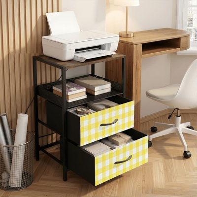 Table de chevet 2 tiroirs avec station de charge, table de chevet pour chambre avec ports USB et amp; Outlets, tablette ouverte noire, table de chevet avec carreaux vichy jaune citron, imprimé printemps-été sans soudure