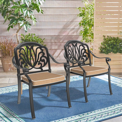 Aluminum Patio Dining Chair 2PCS With Black Frame And Brown Cushions