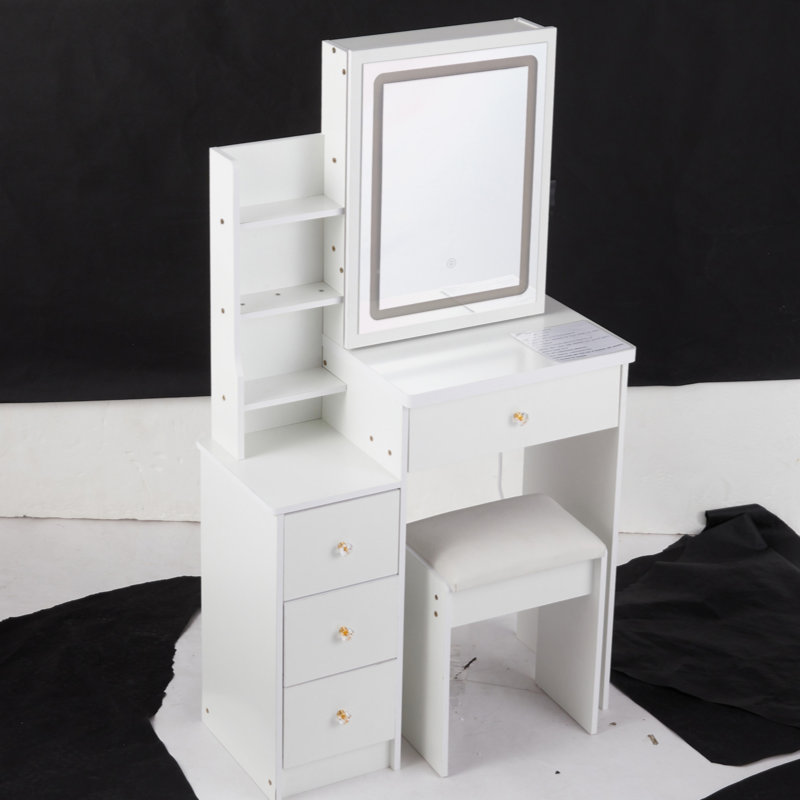 29.2" Small Size Left Bedside Cabinet Vanity Table + Cushioned Stool, Large Sliding, Touch Control, Tri-Color Switching, Brightness Adjust LED Mirror, High Capacity Storage, Suitable For Small Space