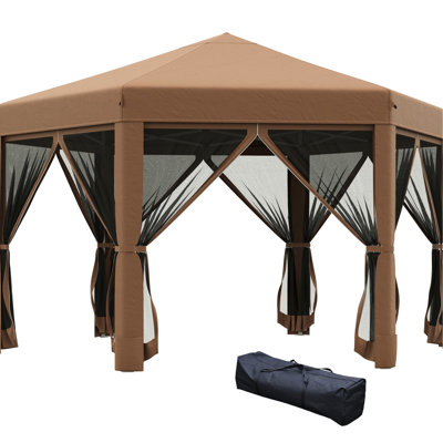 Heavy Duty Gazebo, 13' X 11' Hexagonal Pop Up. 6 Mesh Sidewall Netting, Adjustable Heights, Strong Steel Frame, Dark Brown. Great For Outdoor Observing Up 11', Canopy. Sidewalls, For Camping & Fun
