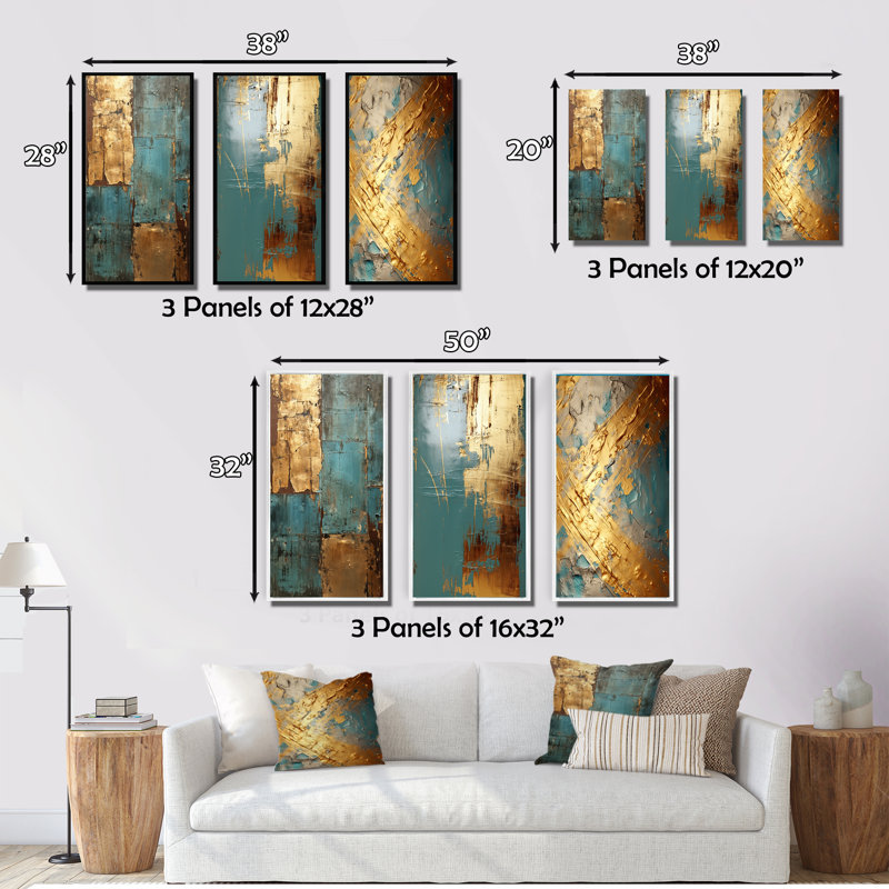 «Kintsugi Retro Glam Vintage Gold On Turquoise» - 3 pièces, Cadre naturel flottant, H 20 po x l 36 po