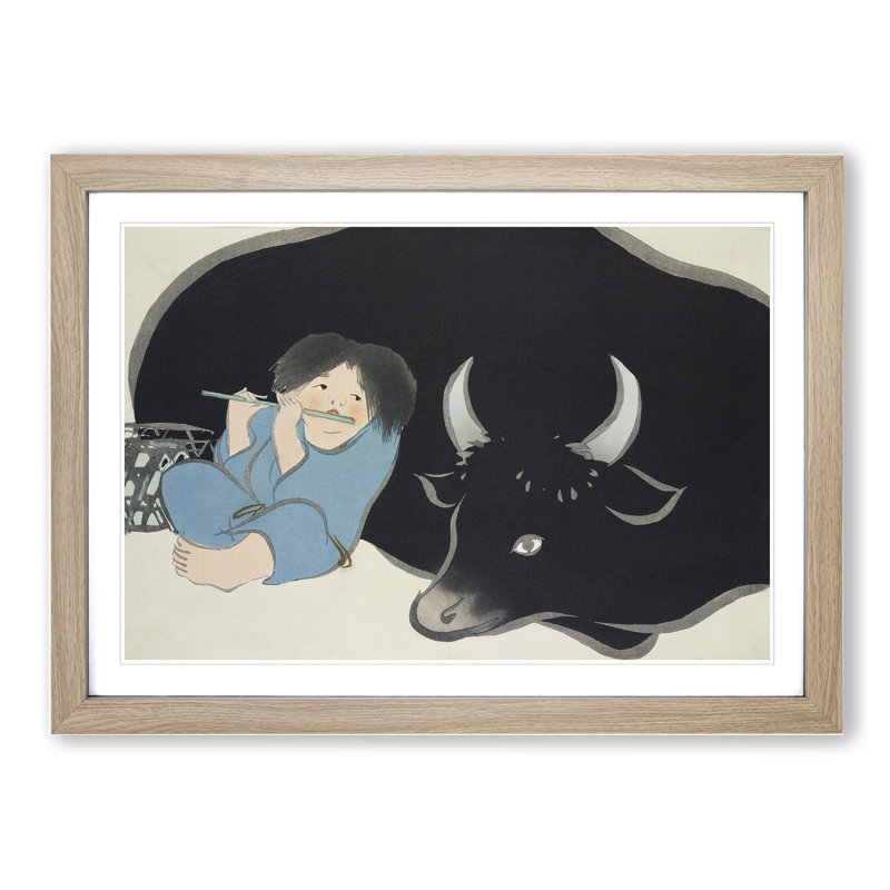 Flute Player with Cow by Kamisaka Sekka - Framed Print, 36cm H x 48cm W x 2cm D, Oak Framed
