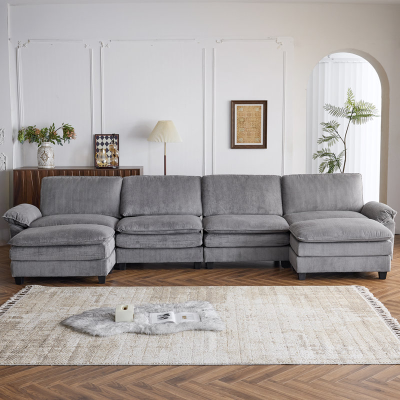 Latitude Run® 4-Seat Sectionals With 2 Ottoman, Gray Corduroy
