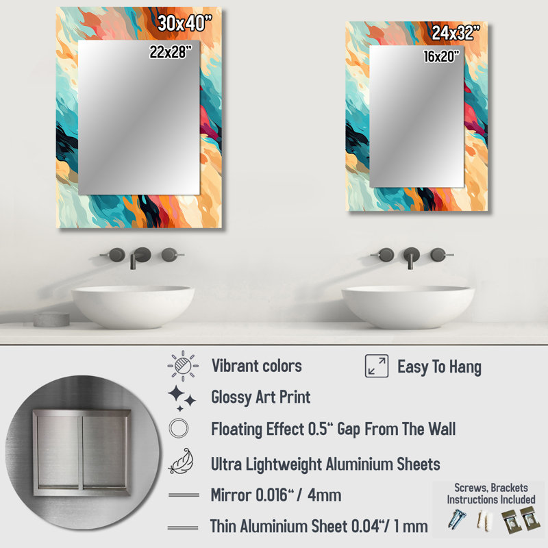 Multicolore Feather Fury - miroir mural décoratif abstrait, grand miroir moderne, impression d'art en métal, 40 po x 30 po