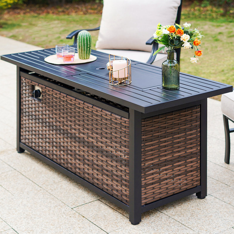 Table de foyer d'extérieur rectangulaire au propane en rotin pour l'extérieur Argyri