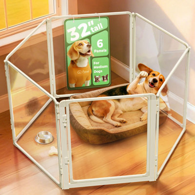 Parc d'intérieur pour chien en acrylique robuste AuraSpace Pro de FXW, structure robuste en métal, hauteur de 32 po, 6 panneaux pour petits et moyens chiens, blanc