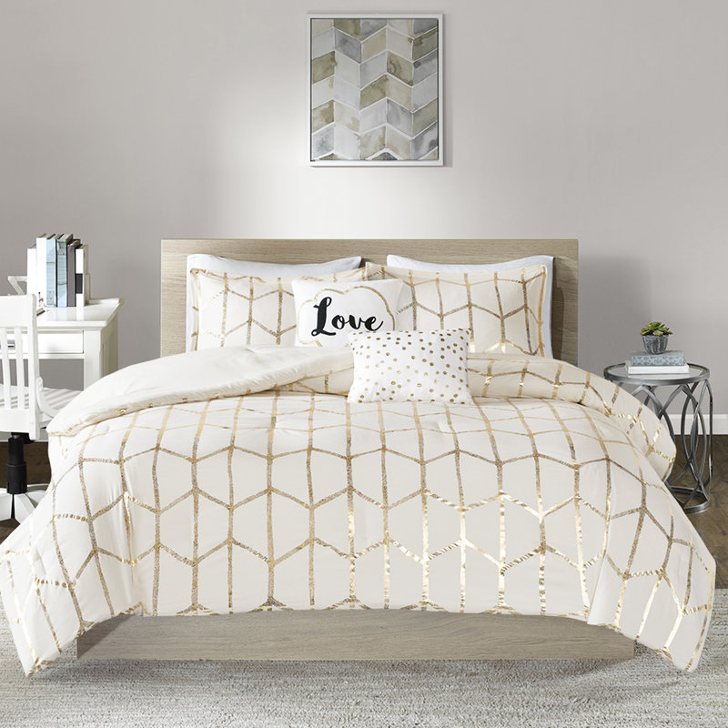 Édredon pour lit simple / simple TG avec magnifique imprimé doré métallique doux et brillant, Ivoire + or