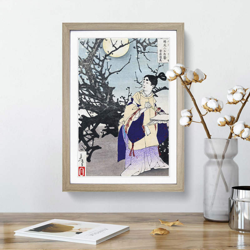 Poet Under a Full-Moon by Tsukioka Yoshitoshi - Picture Frame Painting Print, 36cm H x 27cm W x 2cm D, Oak Framed