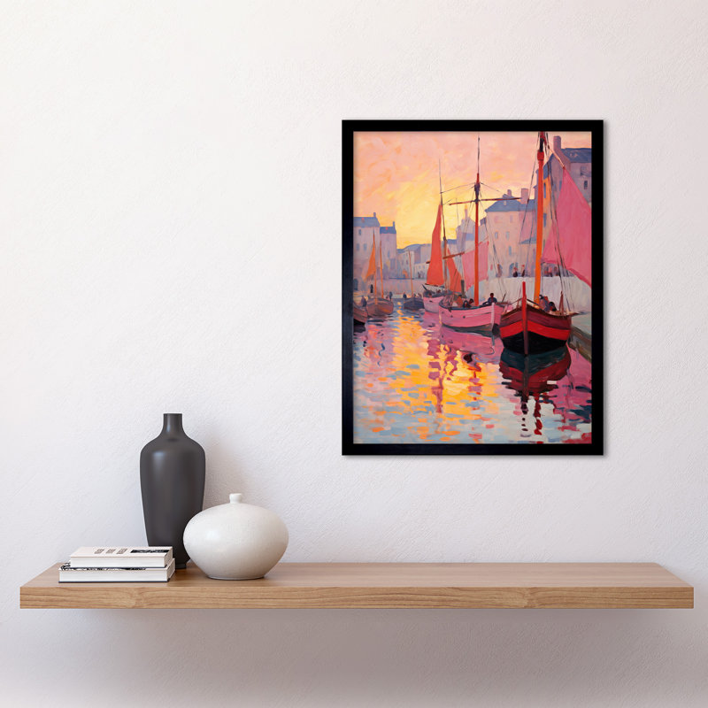 Sailboats Reflecting In Harbour Water Sunset Painting - Single Picture Frame Print