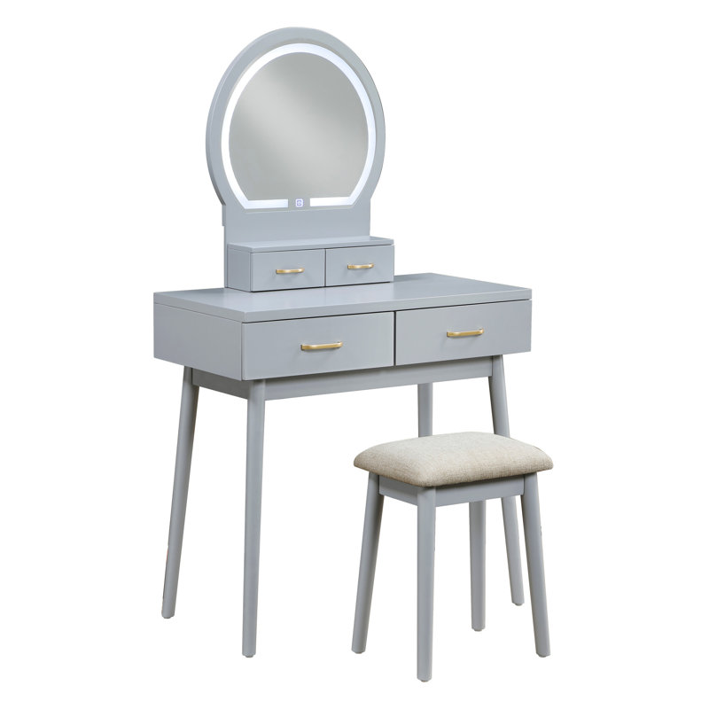 Magnifique commode avec miroir et tabouret avec tiroirs de rangement, Gris
