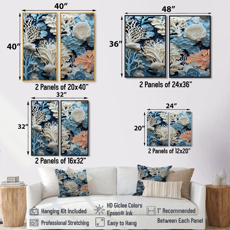 Sous l'eau, coraux bleus et blancs, collage I - art mural bleu, 2 pièces, Impression encadrée flottante, 40" H x 40" W, Brown