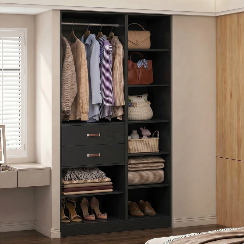 39.4'' W Closet System with Wooden Drawers and Hanging Rods, Black