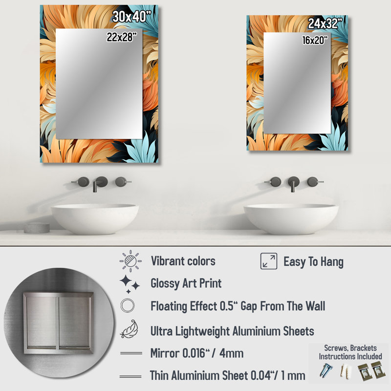 «Earthy Tones Boho Inspire Feather», miroir mural floral unique, miroir de chalet, impression sur métal, 32 po x 24 po