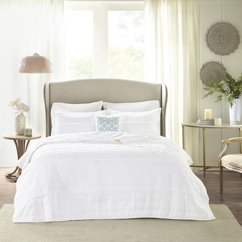 4 pièces de courtepointe en blanc pour très grand / très grand - volant, mélange de coton avec coussin brodé à volants, 90% décoratif
