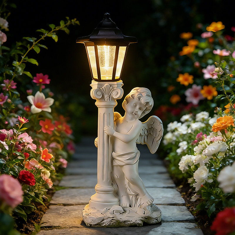 Figurine d'extérieur en résine chérubin avec poteau lumineux, 18,5 po en résine
