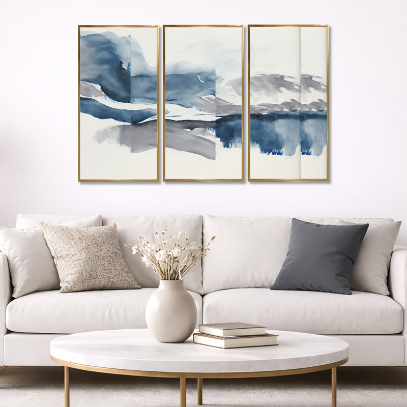 «Through The Sapphire Blue Clouds I», reproduction sur toile 3 pièces, Cadre flottant doré, H 20 po x l 36 po