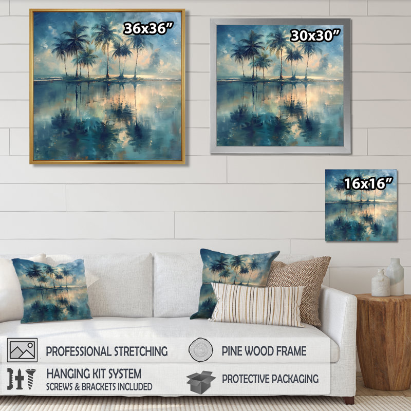 «Blue Palm Trees Reflections I - Palmiers et palmiers», impression d'art mural, Cadre simple noir, H 16 po x l 16 po