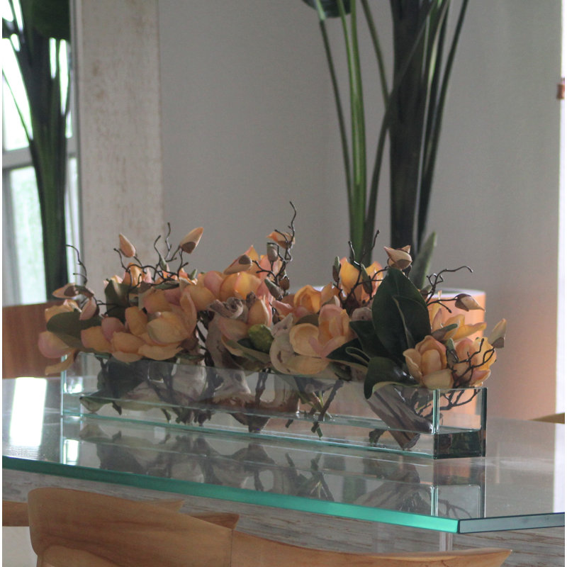 Magnolia Faux Floral Arrangement in Planter, Peach, 8" H x 36" W x 4" D