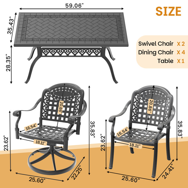 Ensemble de salle à manger de patio rectangulaire en aluminium coulé pour 6 personnes avec 2 chaises pivotantes et coussins