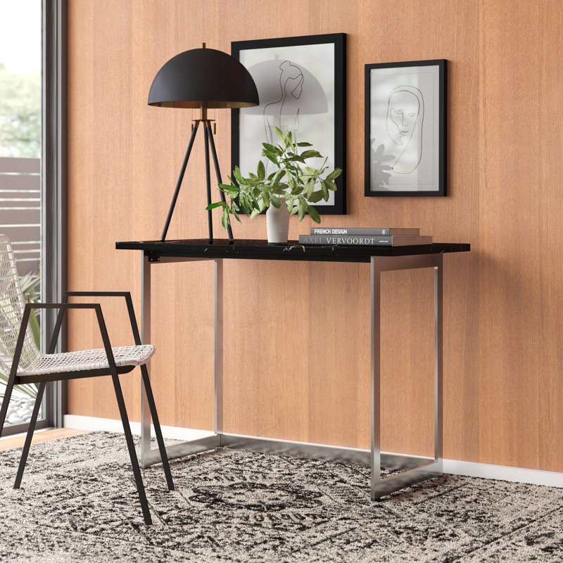 Celetha Metal Base Writing Desk, Faux Black Marble/Silver
