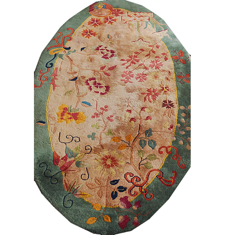 1920s Beige Roses AntiqueChinese Art Deco Oval Rug 4' x 6'10" Knotted Carpet
