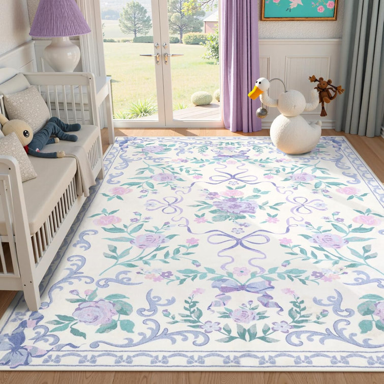Kaldi Floral Washable Area Rug Non-Slip Stain Resistant Low-Pile Boho Large Indoor Throw Carpet