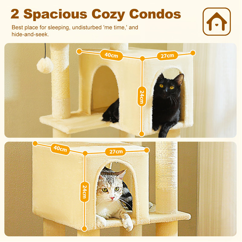 Arbre à chat pour chats d'intérieur, tour de chat à plusieurs niveaux de 62 po avec 2 condos spacieux, patin à gratter, 4 poteaux à griffer, 2 perchoirs, 2 pompons