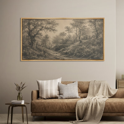 «Vintage sépia Woodland Path with Large Trees and Forest Landscape», grande impression encadrée sur toile de la chambre principale