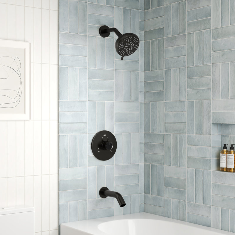  Tub and Shower Faucet Set, 5-Spray Rain Shower Head with Valve, Matte Black