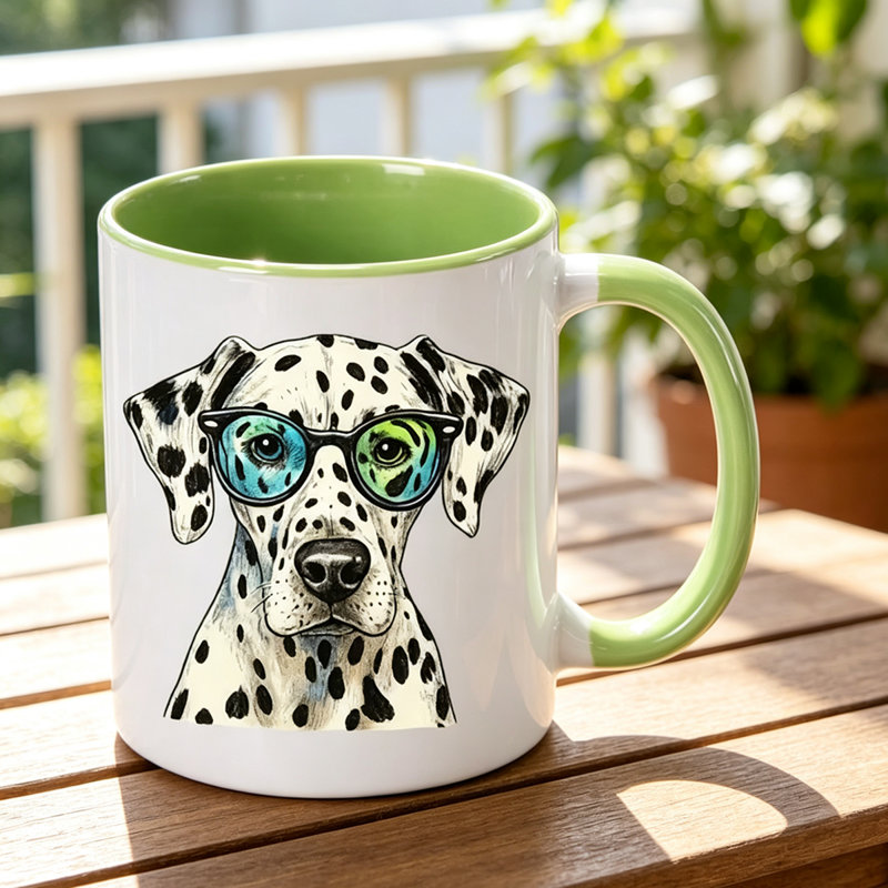 A reusable ceramic coffee cup with a spotted dog print, suitable as a birthday gift, Thanksgiving gift and Christmas present.