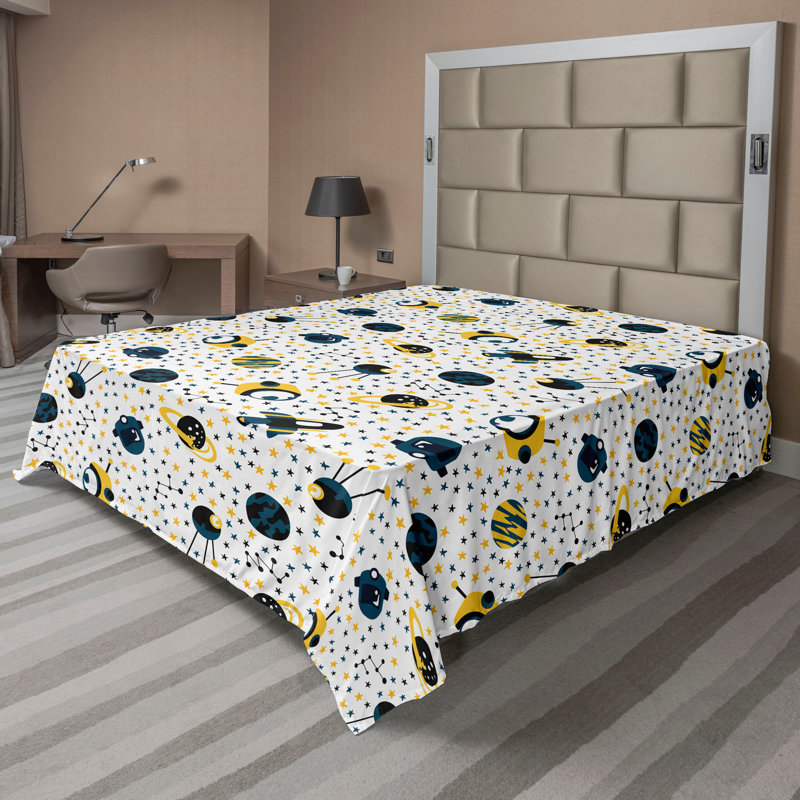 Drap plat Ambesonne, Drap plat de taille très grand, Moutarde, bleu pétrole, noir / à pois