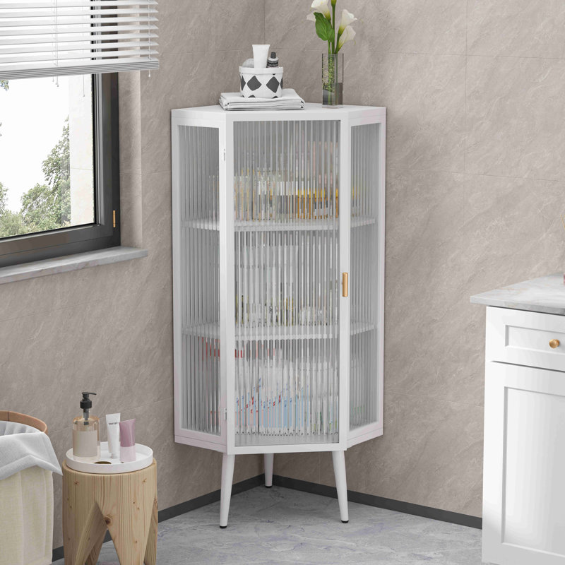22.25'' Floor Coner Cabinet,Three Tiers With Tempered Glass Doors And Storage Shelves For Bathroom, Living Room And Bedroom