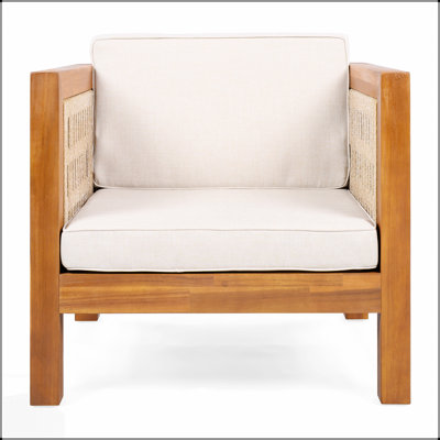 Fauteuil club d'extérieur en bois d'acacia avec accoudoirs et coussins en corde beige, durable et élégant pour la terrasse et le jardin