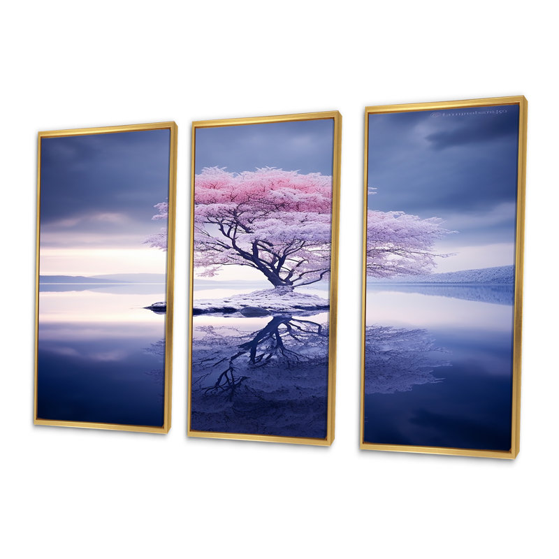 Ensemble de salon mural enneigé avec arbre en chêne rose, Cadre flottant doré, H 40 po x l 60 po x P 1 po