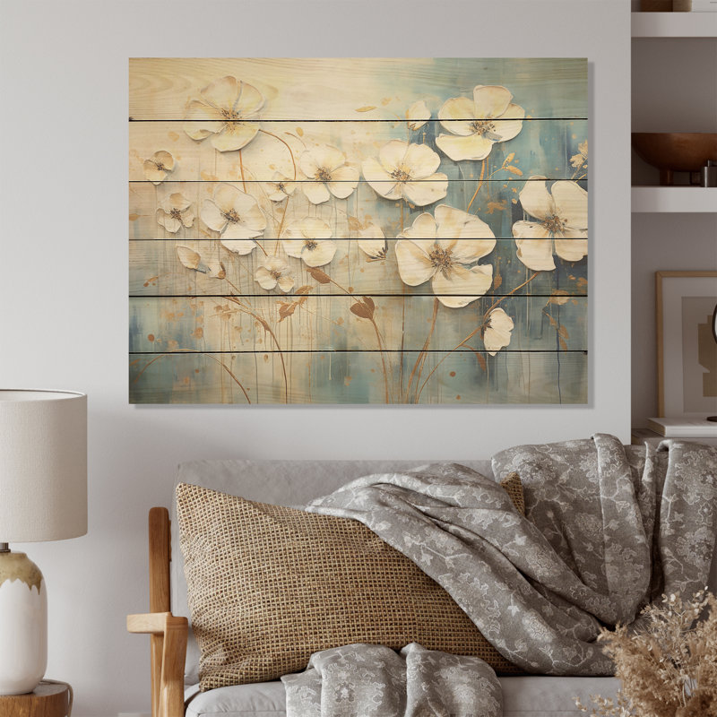 Elegant Beige Buttercups Meadow - Buttercups Wood Wall Art On Natural Pine Wood, 10" H x 20" W