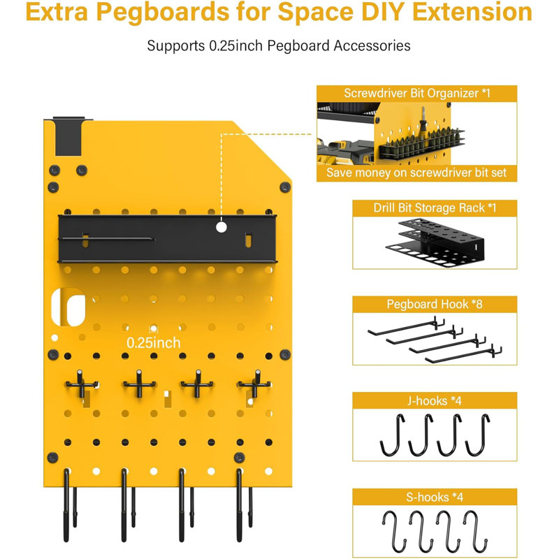 Pegboard Power Tool Organizer With Charging Station - Large Storage And 8 Outlet Power Strip