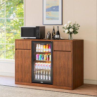 Fluted Bar Cabinet with Fridge Space (Fridge Not Included), Modern Coffee Station with Charging Hub & Wine Glass Rack, Walnut Buffet Sideboard for Home Beverage & Liquor Storage.